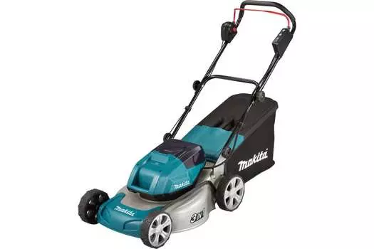 Колесная газонокосилка Makita DLM460PT2, бесщеточный, аккумуляторная, Li-Ion, 5 А·ч, 18 В, ширина скашивания 46 см, высота скашивания 2 см-7.5 см, 94 дБА, объем травосборника 60л., 27.6 кг, 2АКБ+З/У (DLM460PT2)