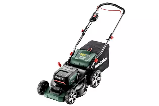 Колесная газонокосилка Metabo RM 36-18 LTX BL 46, электрическая, аккумуляторная, Li-Ion, 18В, ширина скашивания 46см, высота скашивания 25мм-80мм, объем травосборника 55л., 25.3кг, аккумулятор и зарядное устройство в комплект не входят (601606850)