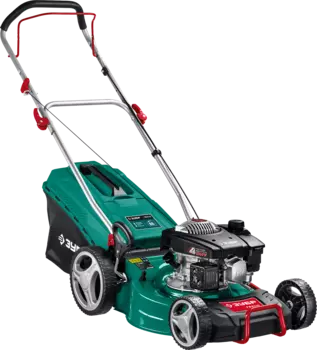 Колесная газонокосилка ЗУБР ГБ-460, бензиновая, 4.5 л.с., ширина скашивания 46см, высота скашивания 25мм-75мм, объем травосборника 60л., 30кг (ГБ-460)