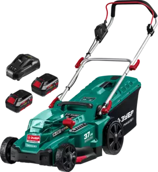 Колесная газонокосилка ЗУБР ГКЛ-3736-42, бесщеточный, аккумуляторная, Li-Ion, 4 А·ч, 36В, ширина скашивания 37см, высота скашивания 25мм-75мм, объем травосборника 35л., 13.8кг, 2АКБ+З/У (ГКЛ-3736-42)