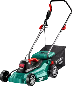 Колесная газонокосилка ЗУБР ГСЦ-38-1700, электрическая, 1700Вт, ширина скашивания 38см, высота скашивания 25мм-75мм, объем травосборника 40л., 10кг (ГСЦ-38-1700)