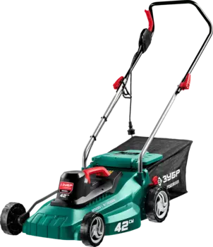 Колесная газонокосилка ЗУБР ГСЦ-42-2000, электрическая, 2000Вт, ширина скашивания 42см, высота скашивания 25мм-75мм, объем травосборника 40л., 11кг (ГСЦ-42-2000)