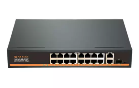 Коммутатор AK technology AK-SWP162, кол-во портов: 16x100 Мбит/с, кол-во SFP/uplink: RJ-45 2x1 Гбит/с, PoE: 16x15 Вт (макс. 250 Вт)