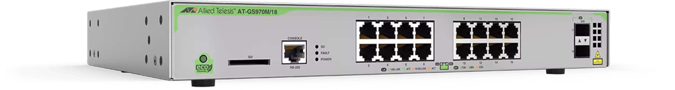 Коммутатор Allied Telesis GS970M/18, управляемый, кол-во портов: 16x1 Гбит/с, кол-во SFP/uplink: 2x1 Гбит/с, установка в стойку (AT-GS970M/18-50)
