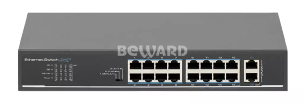 Коммутатор Beward ST-1620HP, кол-во портов: 16x100 Мбит/с, кол-во SFP/uplink: RJ-45 2x1 Гбит/с, установка в стойку, PoE: 16x30 Вт (макс. 135 Вт) (ST-1620HP)