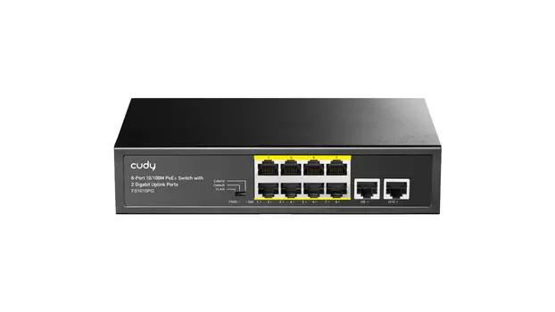 Коммутатор Cudy FS1010PG, кол-во портов: 8x100 Мбит/с, кол-во SFP/uplink: RJ-45 2x1 Гбит/с, PoE: 8x30 Вт (макс. 120 Вт)