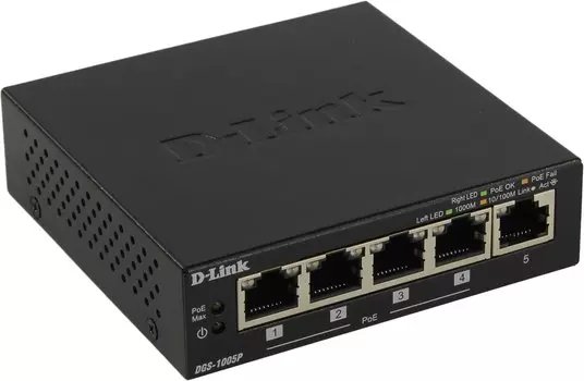 Коммутатор D-link DGS-1005P/A1A, кол-во портов: 5x1 Гбит/с, PoE: 4шт.x30W (макс. 60W)
