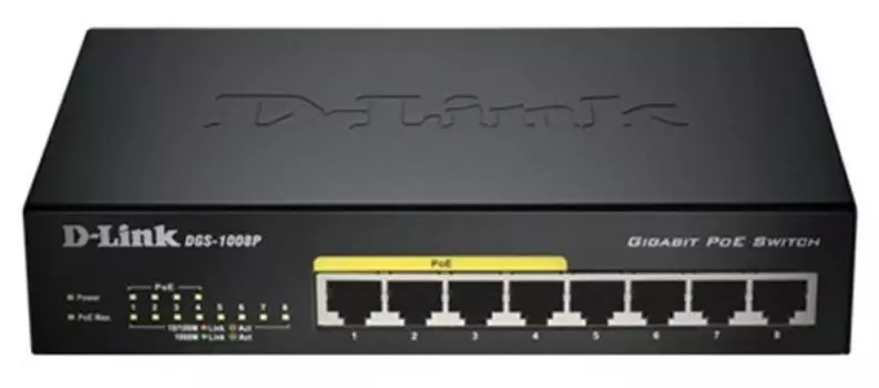 Коммутатор D-Link DGS-1008P, кол-во портов: 8x1 Гбит/с, PoE: 4x30 Вт (макс. 80 Вт) (DGS-1008P/E1A)