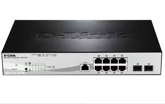 Коммутатор D-link DGS-1210-10P/ME/A1, управляемый, кол-во портов: 8x1 Гбит/с, кол-во SFP/uplink: 2x1 Гбит/с, установка в стойку, PoE: 8шт.x30W (макс. 78W)