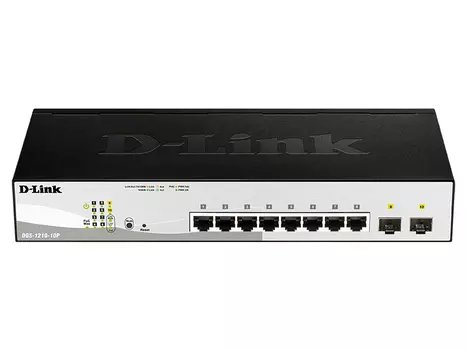 Коммутатор D-Link DGS-1210-10P, управляемый, кол-во портов: 8x1 Гбит/с, кол-во SFP/uplink: SFP 2x1 Гбит/с, установка в стойку, PoE: 8x30Вт (макс. 65Вт) (DGS-1210-10P/F3A)