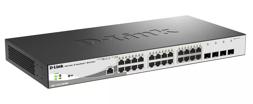 Коммутатор D-Link DGS-1210-28P/ME, управляемый, кол-во портов: 24x1 Гбит/с, кол-во SFP/uplink: SFP 4x1 Гбит/с, установка в стойку, PoE: 24x30Вт (макс. 193Вт) ( DGS-1210-28P ME B2A)