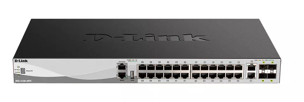 Коммутатор D-Link DGS-3130-30TS/BY, управляемый, кол-во портов: 24x1 Гбит/с SFP+ 4x10, кол-во SFP/uplink: RJ-45 2x1 Гбит/с, установка в стойку (DGS-3130-30TS/BY/B1A)