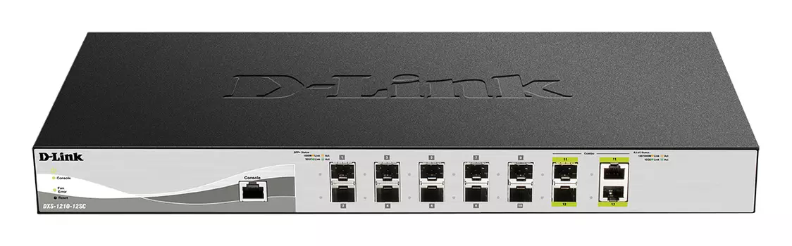 Коммутатор D-Link DXS-1210-12SC, управляемый, кол-во портов:, SFP+ 10x10, кол-во SFP/uplink: combo RJ-45/SFP+ 2x10 Гбит/с, установка в стойку (DXS-1210-12SC/B1A)