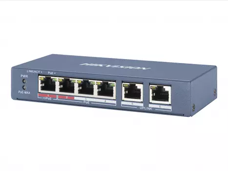Коммутатор Hikvision DS-3E0106P-E/M, кол-во портов: 6x100 Мбит/с, PoE: 4x30Вт (макс. 35Вт) (DS-3E0106P-E/M)