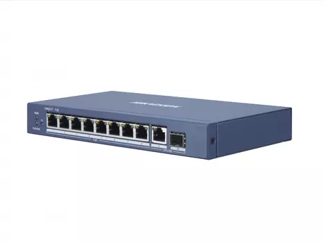 Коммутатор Hikvision DS-3E0510P-E/M, кол-во портов: 9x1 Гбит/с, SFP 1x1 Гбит/с, установка в стойку, PoE: 8x30Вт (макс. 58Вт) (DS-3E0510P-E/M)