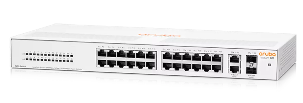 Коммутатор HPE Aruba Instant On 1430 26G 2SFP Switch, кол-во портов: 24x1 Гбит/с, кол-во SFP/uplink: combo RJ-45/SFP 4x1 Гбит/с, установка в стойку (R8R50A)