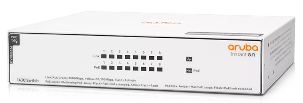 Коммутатор HPE Aruba Instant on 1430 8G Class4 PoE 64W, кол-во портов: 8x1 Гбит/с, PoE: 4x15 Вт (макс. 64 Вт) (R8R46A)