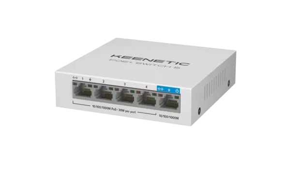 Коммутатор Keenetic PoE+ Switch 5, кол-во портов: 4x1 Гбит/с, кол-во SFP/uplink: RJ-45 1x1 Гбит/с, PoE: 4x30 Вт (макс. 60 Вт) (KN-4610)
