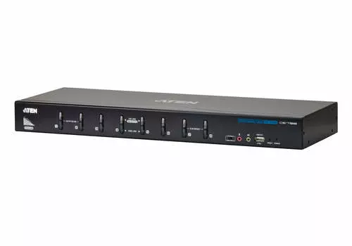 Коммутатор KVM (КВМ) ATEN CS1788, 8-ПК, клавиатура USB, мышь USB, видео DVI-I 2560x1600, комплект для монтажа в стойку; 2 комплекта KVM-кабелей USB двухканальный DVI-D; кабель для обновления прошивки; адаптер питания; комплект ножек (CS1788-AT-G)