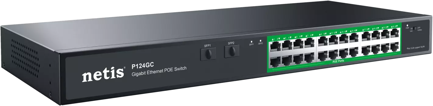 Коммутатор Netis P124GC, кол-во портов: 24x1 Гбит/с, кол-во SFP/uplink: combo RJ-45/SFP 4x1 Гбит/с, установка в стойку, PoE: 24x30 Вт (макс. 360 Вт) (P124GC)