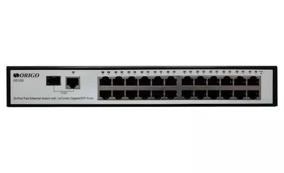 Коммутатор ORIGO OS1225, кол-во портов: 24x100 Мбит/с, кол-во SFP/uplink: combo RJ-45/SFP 1x1 Гбит/с, установка в стойку (OS1225/A1A)