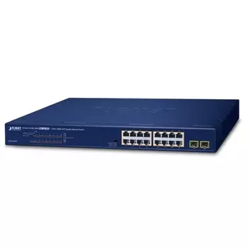 Коммутатор Planet GSW-1820HP, кол-во портов: 16x1 Гбит/с, кол-во SFP/uplink: SFP 2x1 Гбит/с, установка в стойку, PoE: 16x30Вт (макс. 240Вт) (GSW-1820HP)