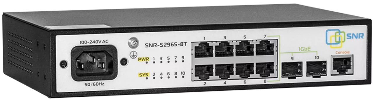 Коммутатор SNR SNR-S2965-8T-RPS, управляемый, кол-во портов: 8x100 Мбит/с, кол-во SFP/uplink: 2x1 Гбит/с, установка в стойку