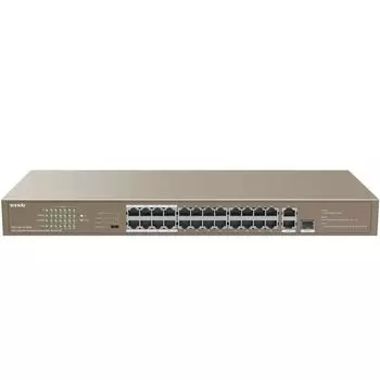 Коммутатор Tenda TEF1126P-24-250W, кол-во портов: 24x100 Мбит/с, кол-во SFP/uplink: RJ-45 2x1 Гбит/с, установка в стойку, PoE: 24x30 Вт (макс. 230 Вт) (TEF1126P-24-250W)