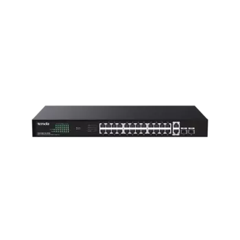 Коммутатор Tenda TEG1128P-24-410W, кол-во портов: 24x1000 SFP 2x1 Гбит/с, кол-во SFP/uplink: RJ-45 2x1 Гбит/с, установка в стойку, PoE: 24x30 Вт (макс. 370 Вт) (TEG1128P-24-410W)