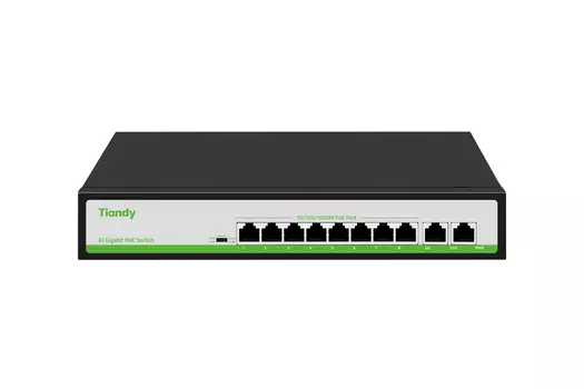 Коммутатор Tiandy TC-P3S010, кол-во портов: 8x1 Гбит/с, кол-во SFP/uplink: RJ-45 2x1 Гбит/с, PoE: 8x30 Вт (макс. 110 Вт) (TC-P3S010 G/0820/AT/110)