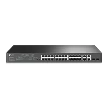 Коммутатор TP-Link SL2428P, управляемый, кол-во портов: 24x100 Мбит/с, combo RJ-45/SFP 2x1 Гбит/с, кол-во SFP/uplink: RJ-45 2x1 Гбит/с, установка в стойку, PoE: 24x30 Вт (макс. 250 Вт) (TL-SL2428P)