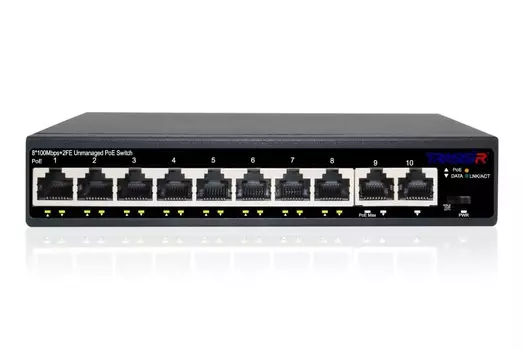 Коммутатор Trassir TR-NS1110-105-8POE v2, кол-во портов: 8x100 Мбит/с, кол-во SFP/uplink: RJ-45 2x100 Мбит/с (макс. 105 Вт) (TR-NS1110-105-8POE v2)