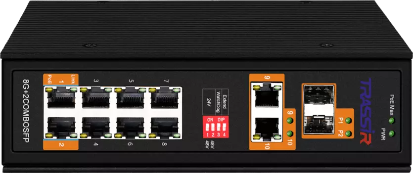 Коммутатор Trassir TR-NS15122S-300-8POE, кол-во портов: 8x1 Гбит/с SFP 2x1 Гбит/с, кол-во SFP/uplink: RJ-45 1x1 Гбит/с, PoE: 8x60 Вт (макс. 300 Вт) (TR-NS15122S-300-8POE)