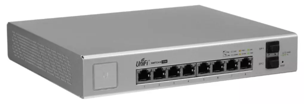 Коммутатор Ubiquiti UniFi Switch US-8-150W, управляемый, кол-во портов: 8x1 Гбит/с, SFP 2x1 Гбит/с, установка в стойку, PoE: 8x30Вт (макс. 150Вт) (US-8-150W-EU)