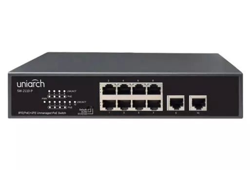 Коммутатор Uniview Uniarch SW-2110-P, кол-во портов: 8x100 Мбит/с, кол-во SFP/uplink: RJ-45 2x100 Мбит/с, PoE: 8x30Вт (макс. 120Вт)