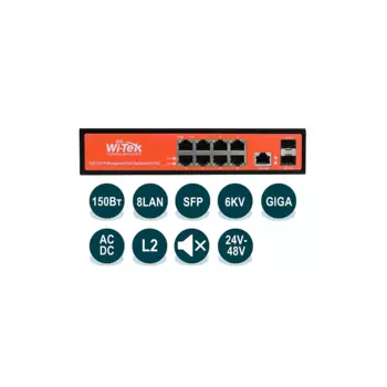 Коммутатор Wi-Tek WI-PMS310GF-Alien, управляемый, кол-во портов: 8x1 Гбит/с, SFP 2x1 Гбит/с, PoE: 8шт.x24Вт (макс. 150Вт)