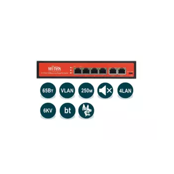 Коммутатор Wi-Tek WI-PS205 v4, кол-во портов: 6x100 Мбит/с, PoE: 4x30 Вт (макс. 65 Вт)