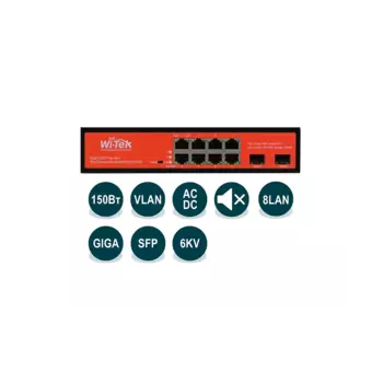 Коммутатор Wi-Tek WI-PS310GF , кол-во портов: 8x1 Гбит/с, SFP 2x1 Гбит/с, PoE: 8шт.x30Вт (макс. 150Вт)