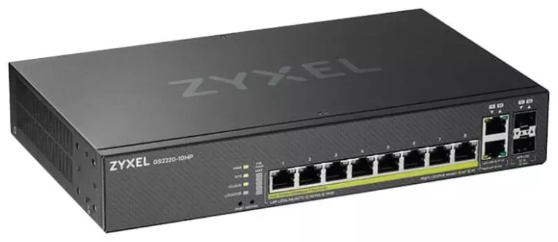 Коммутатор ZYXEL NebulaFlex, управляемый, кол-во портов: 8x1 Гбит/с, combo RJ-45/SFP 2x1 Гбит/с, установка в стойку, PoE (макс. 180Вт) (GS2220-10HP-EU0101F)