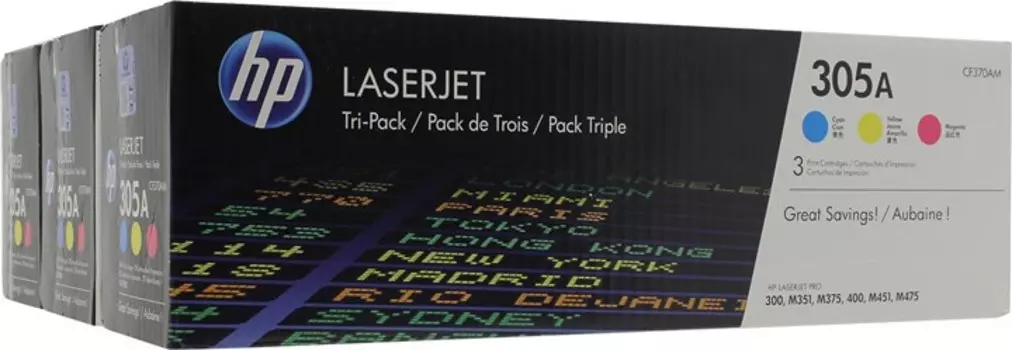 Комплект картриджей лазерный HP 305A/CF370AM, голубой/пурпурный/желтый, 3 шт. шт., 2600 страниц, оригинальный для HP LaserJet Pro 300 color MFP M375nw/M351a , LaserJet Pro 400 color MFP M475dn/MFP M475dw/M451dn/M451dw/M451nw