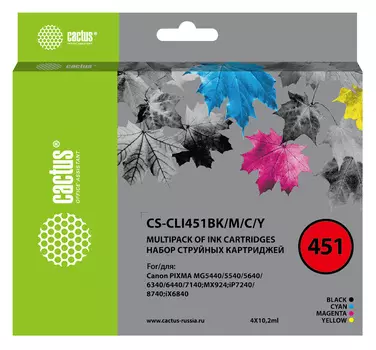 Комплект картриджей струйный Cactus CS-CLI451BK/M/C/Y (CLI-451BK/M/C/Y), черный/голубой/пурпурный/желтый, совместимый, 10.2мл, для Canon MG6340/5440/IP7240
