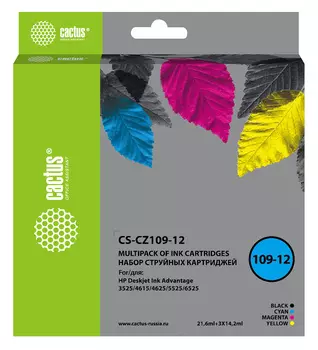 Комплект картриджей струйный Cactus CS-CZ109-12, черный/голубой/пурпурный/желтый, совместимый, 14.2мл, для DeskJet Ink Advantage 3525/4615/4625/5520/5525/6525