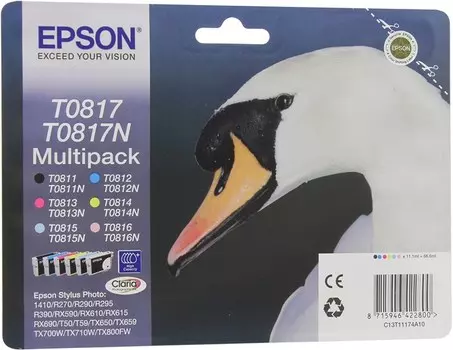 Комплект картриджей струйный Epson T0817 (C13T11174A10/ C13T08174A10), голубой/ пурпурный/ желтый/ светло-голубой/ светло-пурпурный/ черный, оригинальный, ресурс 355 страниц, для Epson Stylus Photo 1410 / R290 / R295 / RX610 / RX615 / RX690 / T50 / T59 / TX659 / TX800FW