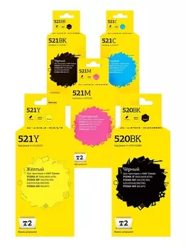 Комплект картриджей струйный T2 IC-CCLI-521_MP (PGI-520BK/CLI-521), черный, черный, голубой, пурпурный, желтый, совместимый, для Canon