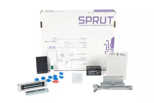 Комплект системы контроля доступа БАСТИОН SPRUT Офис бюджет, комплект поставки: электромагнитный замок на 180 кг с планкой и уголком, дверной доводчик с усилием 50 кг, считыватель и кнопка выход, ИБП 12 В 1 А , АКБ 1,2 Ач., 10 пользовательских брелоков, 1 брелок мастер-ключ (8840)