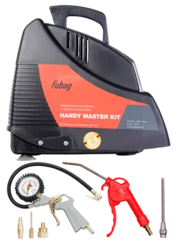 Компрессор воздушный Fubag Handy Master Kit, 1.1 кВт, 7.9 атм, 180л/мин, безмасляный, электрический, поршневой, коаксиальный (прямой), набор пневмоинструментов (8213690KOA607)