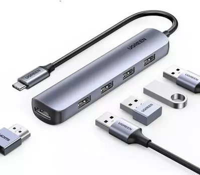 Концентратор UGREEN CM417, 4xUSB 3.0, серый + 1xHDMI (20197)