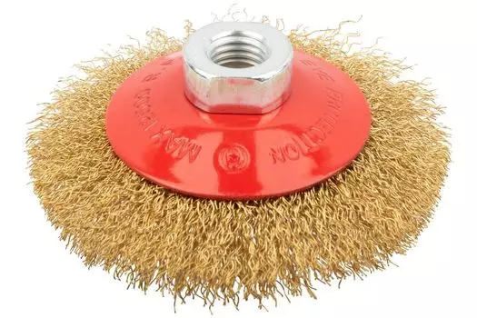 Кордщетка для ушм (болгарки) FIT 100мм, тарельчатая, гофрированная, латунированная сталь, 1шт. (39050)
