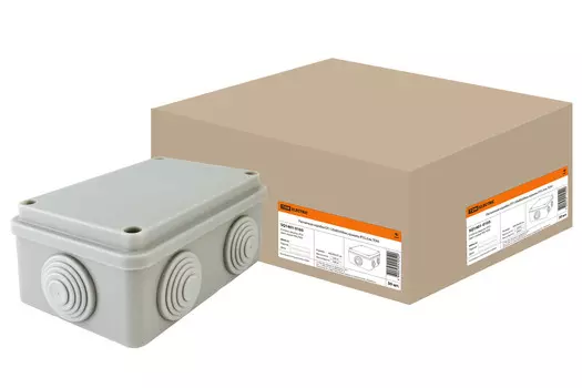 Коробка распаячная прямоугольная 12 см x 8 см, глубина 5 см, наружный монтаж, IP55, вводов:6, наличие сальников, серый, с крышкой, TDM (SQ1401-0105)