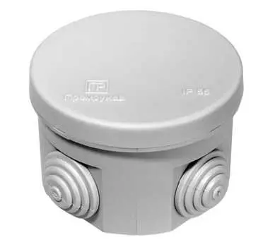 Коробка распределительная круглая, 7 см, глубина 5 см, наружный монтаж, IP55, вводов:4, наличие сальников, серый, с крышкой, Промрукав (40-0110)